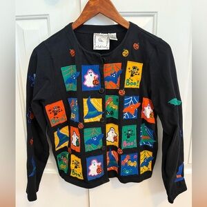 Michael Simon Vintage Applique Halloween Skeleton Ghost Cardigan Sweater Size M